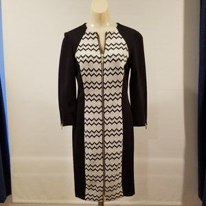 Cache Black dress with geometric print panel and full length front zipper Size 8